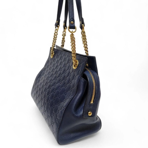 Gucci Dark Blue Leather Shoulder Bag with Gold Accents - Picture 5 of 16